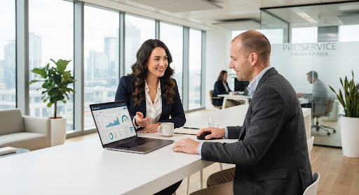 Two colleagues reviewing figures on a laptop in a bright, modern office.