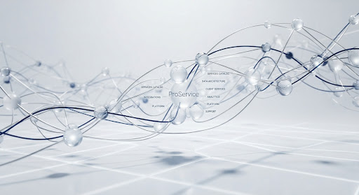 An abstract rendering of interconnected data nodes: translucent glass spheres joined by thin metallic lines in a bright white space.