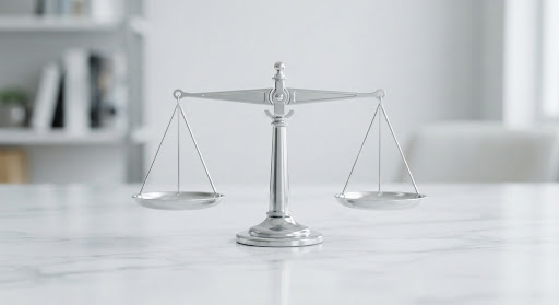 A polished silver balance scale on white marble, sharply focused at the fulcrum under diffused light.